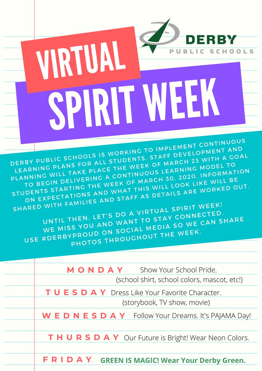 DerbySchoolsKS's tweet photo. As staff prepare this week for continuous learning (goal to begin this with students week of March 30) we want to stay connected with students/families through a “virtual spirit week” March 23-27. We miss you &amp; would love to see you virtually. 💚 Use #DerbyProud to share photos. https://t.co/uUAtpSyXrI