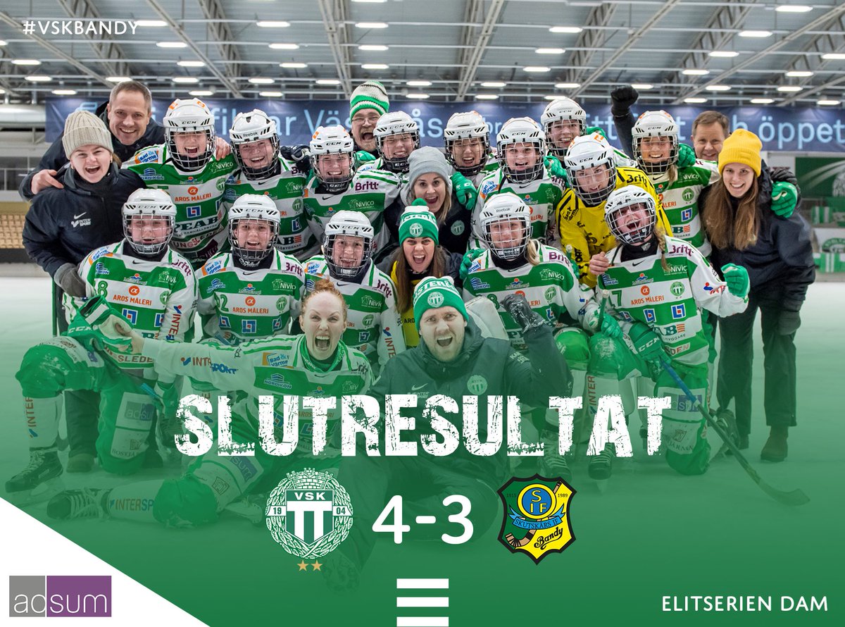 VSK BANDY ÄR SVENSKA MÄSTARE! 💚🏆🥇

VSK BANDYS DAMLAG VÄNDER I SLUTMINUTERNA OCH TAR HEM SM-GULDET!

Charlotte Selbekk 💥💥
Linda Lohiniva 💥
Malin Persson💥

#VSKBandy #svbandy #bandy #jääpallo #хоккейсмячом #västerås
