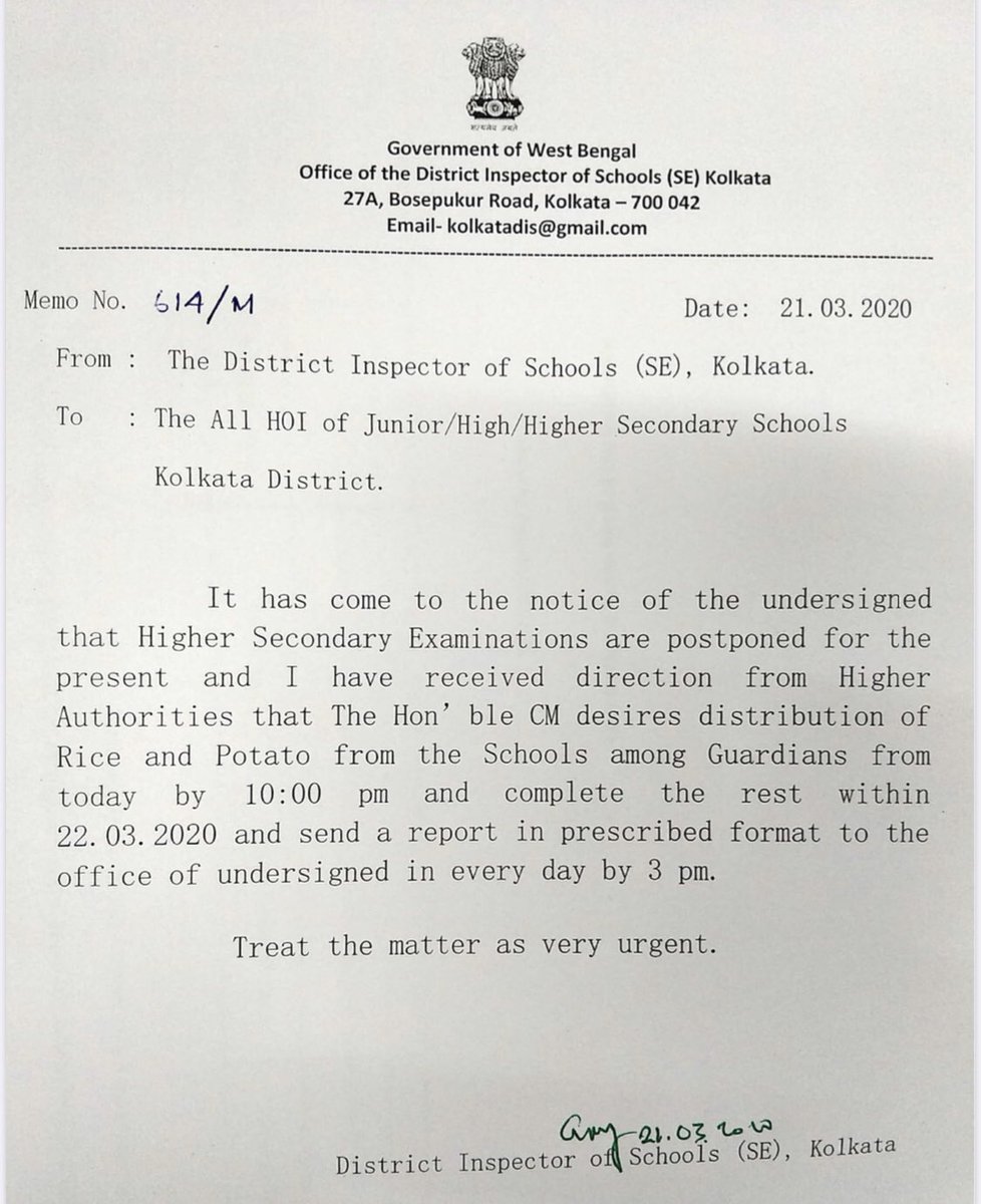 To undermine Sunday’s Janata Curfew, W.Bengal govt has deemed rice &amp; potatoes will be distributed at schools tomorrow. This means there will be crowds at schools. The exercise, which could have been done Monday is aimed at subverting social distancing. This is vindictive politics