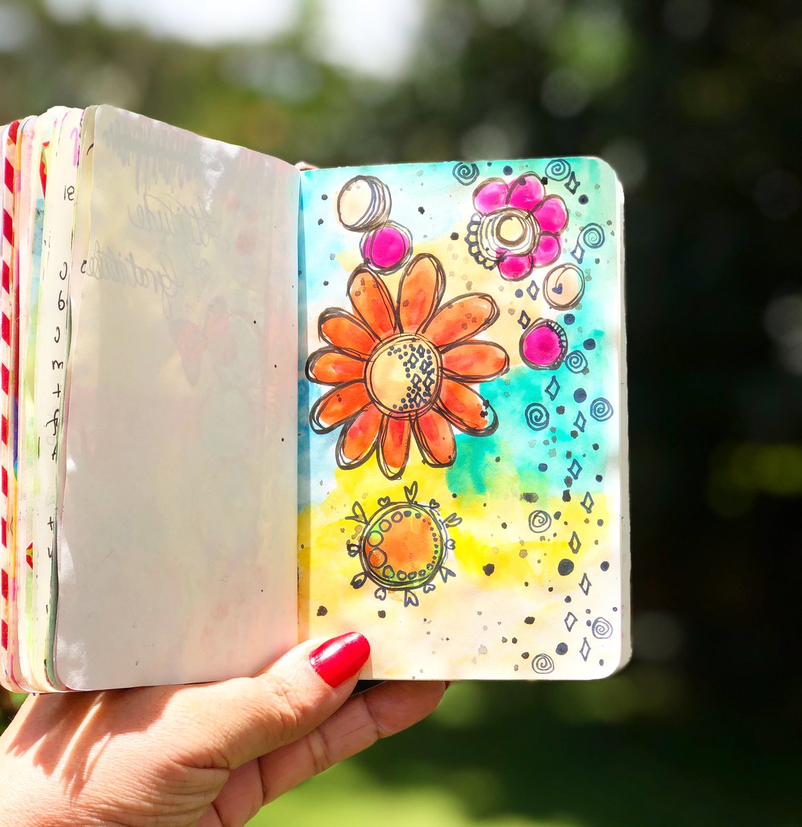 I love art journaling. For every one page that I write my thoughts on, I use the other to put a bright doodle or abstract work. It brings me happiness.  @moleskine 