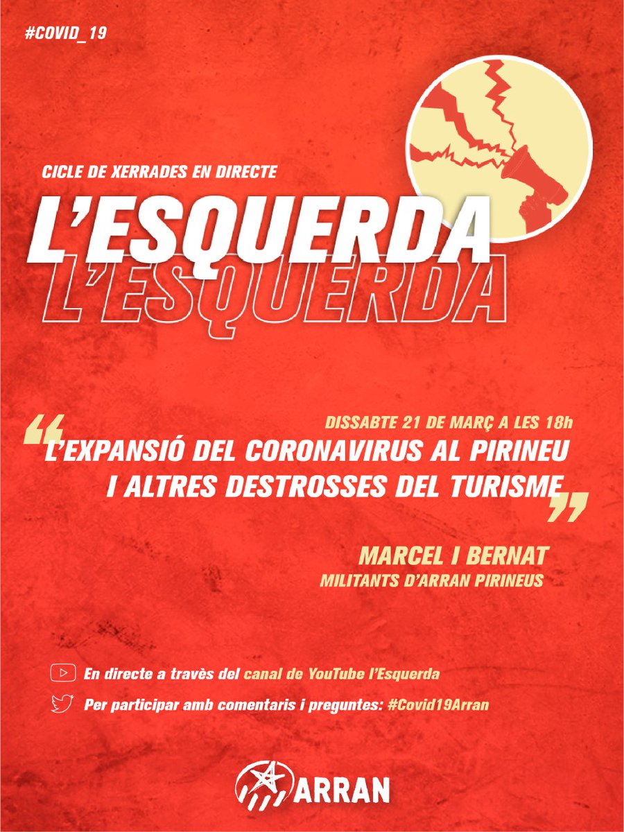 Arran_jovent's tweet photo. 🆕⚡️ Cinquena xerrada: "L'expansió del coronavirus al #Pirineu i altres destrosses del turisme", a càrrec del @BLavaquiol i el @marcelpirineus. #Covid19Arran

⚠️: Xerrada no recomanada pels rics que han fugit de la metròpoli a les segones residències del #Pirineu pel #COVID19. https://t.co/NocG18sDGG