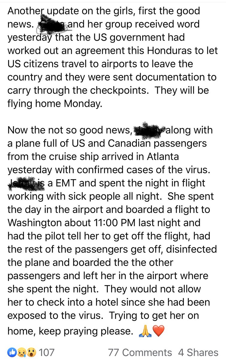 MarkSebbyTN's tweet photo. @CDCgov @TSA This is a FB post of a friend who’s family member flew back into the country with infected passengers (cruise ship w/ known cases). The passengers on this fight were exposed with several sick. And now 3/21 they were turned loose in ATL and on other flights. https://t.co/IIycwJKqBQ
