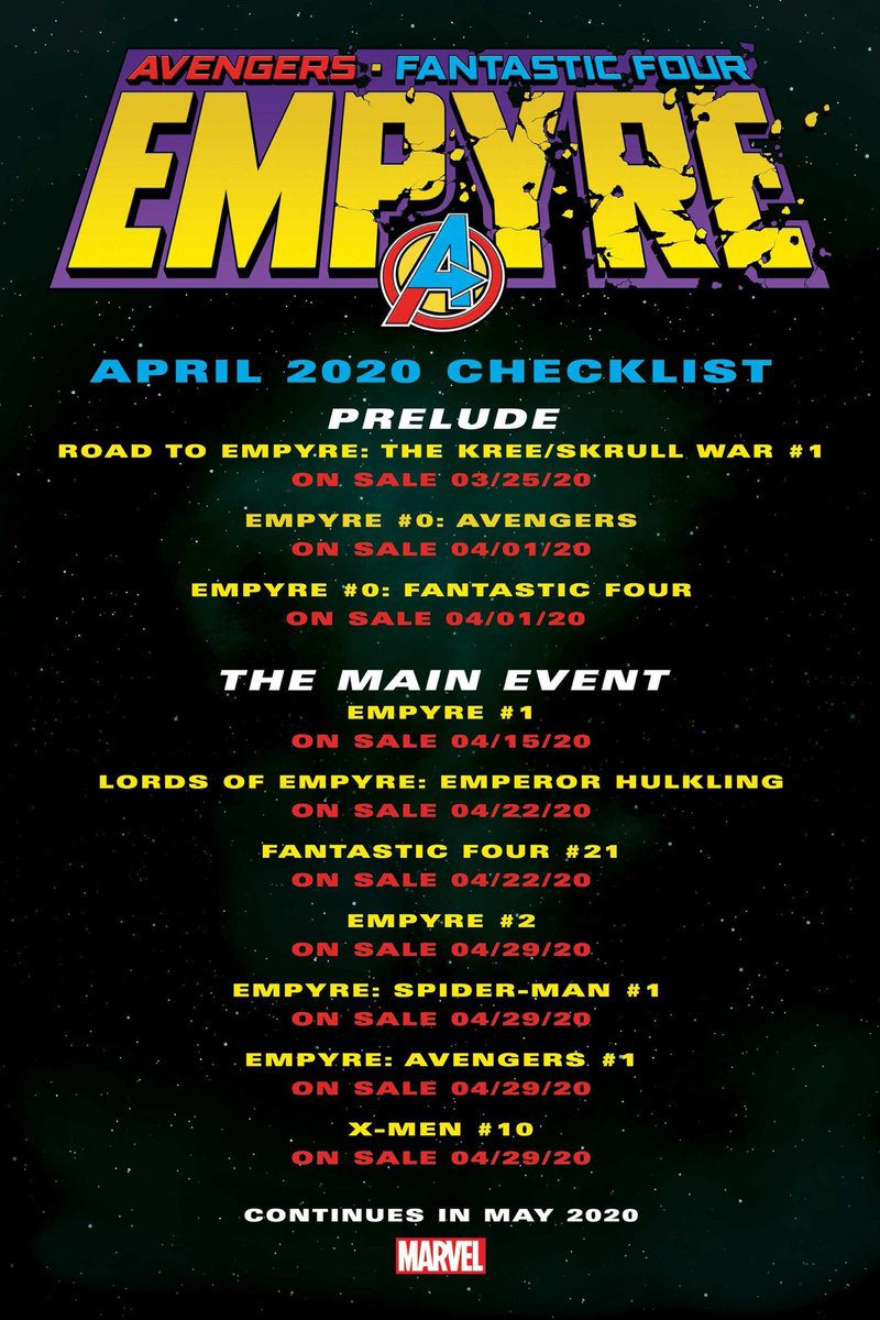 dano_cosmic's tweet photo. I do wonder if the release schedule may change (just my thought, nothing announced) but here’s the #Empyre checklist. Excited for this!
✨
#Kree #Skrull #Cotati #Avengers #FantasticFour #Hulkling #DorrekVIII #CelestialMessiah #CelestialMadonna #Mantis
✨
#MarvelCosmic https://t.co/810aZLNcRJ