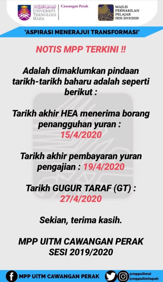 mppuitmtapah's tweet photo. Tarikh-tarikh terkini! Take note ya semua 😊💯

#UiTMdiHatiku #KitaUiTM #AspirasiMenerajuiTransformasi #UiTMPerak #MPPPerak #WeCare4U #MPPCare https://t.co/2NLVsUCQ4b