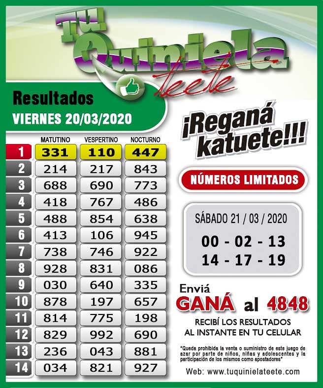 Sada semanal Proverbio تويتر \ Tu Quiniela Teete على تويتر: "Resultados del Viernes 20 de Marzo.  https://t.co/eZGbWvqsNu"