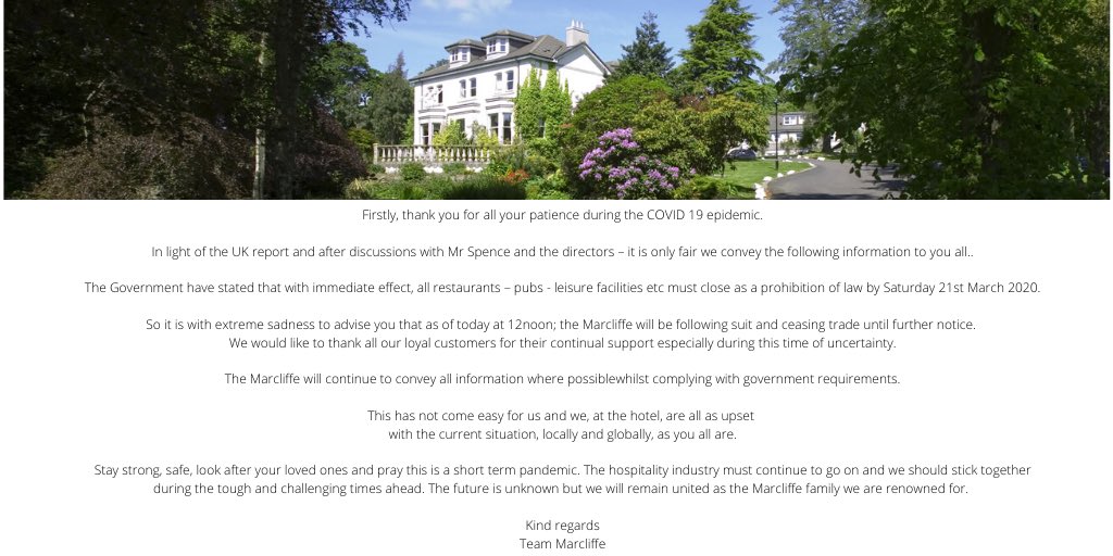 This comes with a very heavy heart.. 💔
.
.
.
 #aberdeen #hospitality #hotel #update #covid19 #visitscotland #luxuryscotland #pleaseshare #pleasestayathome #staysafe