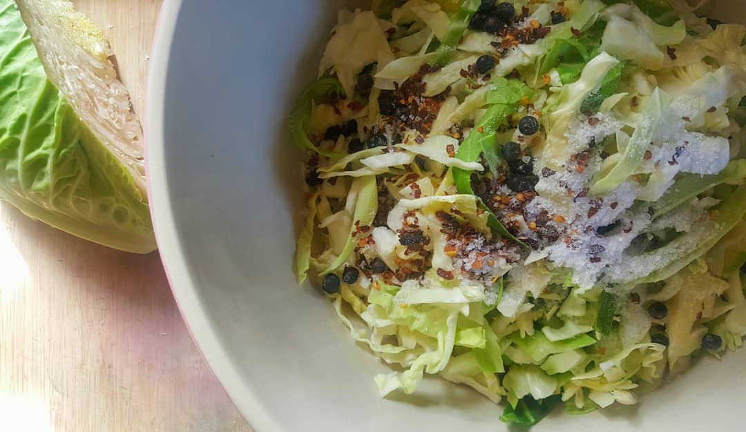 Bibliocook's tweet photo. Inspired by @McKennasGuides comments at @GMITOfficial about stocking up + @MarkDiacono's Sour, I've resumed an old practice of making #saurkraut. This batch will have fennel, juniper and chilli. Lots of chilli. #homefermentation #pandemicpantry https://t.co/bsXN6sax58