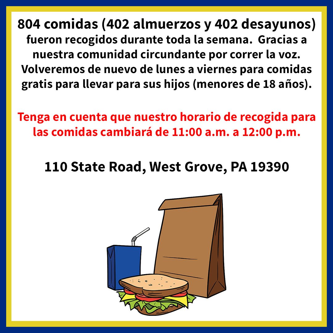 AGCharter's tweet photo. 804 Meals were picked up during our 1st week! Thank you to our surrounding community for spreading the word, please continue to do so. However, please note that pickup hours are slightly changing, meals will be available from 11:00am-12:00pm.
#agcharter #iamagcs #meals4kidsinpa https://t.co/id6zygaVco