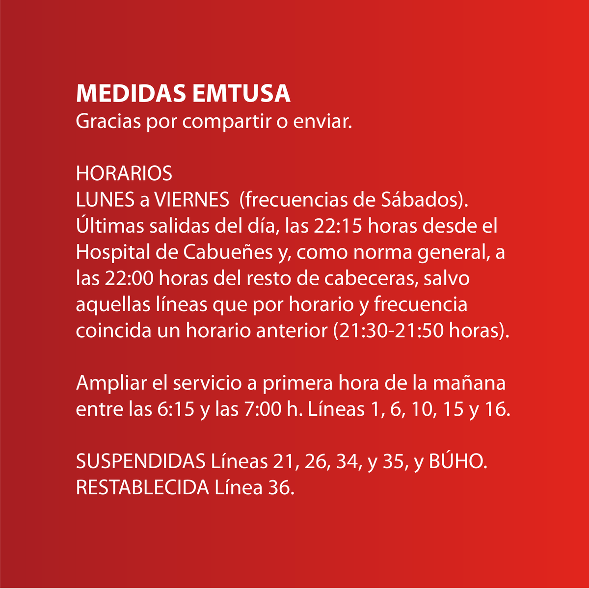 GijonBus's tweet photo. #MedidasEMTUSA

‼️A partir del LUNES 23 MAR
‼️👉🏼En el servicio de líneas operativas con el fin de facilitar el transporte de viajeros a sus centros de trabajo.

👉🏼 https://t.co/iYhOvl3a05
👉🏼https://t.co/nREM0Fpy9o

Consulta detalles en enlace web.
GRACIAS POR COMPARTIR. https://t.co/vTatswEszb