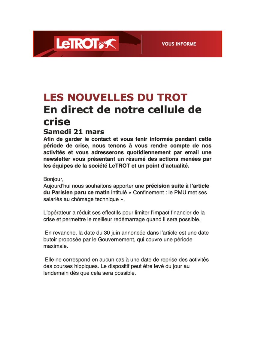 #COVID19 Précision suite à l’article du <a href="/le_Parisien/">Le Parisien</a> paru ce matin intitulé « Confinement : le <a href="/pmu/">PMU</a> met ses
salariés au chômage technique »⤵