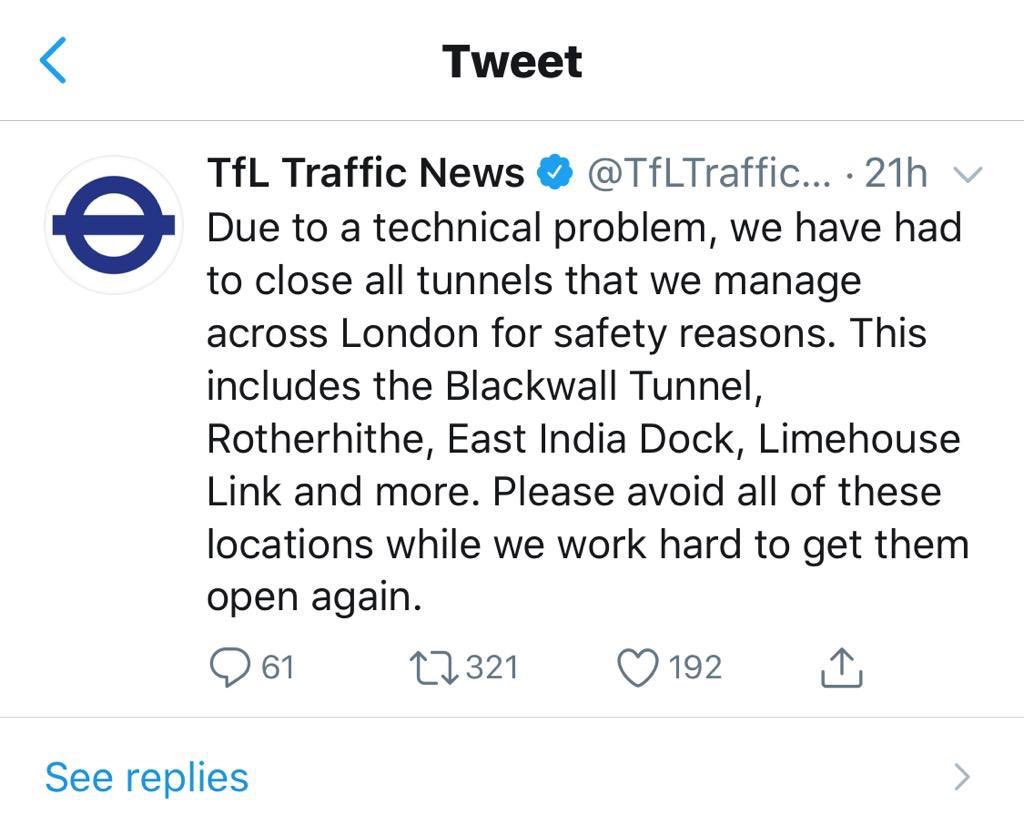 London traffic update all London tunnels are temporary close
