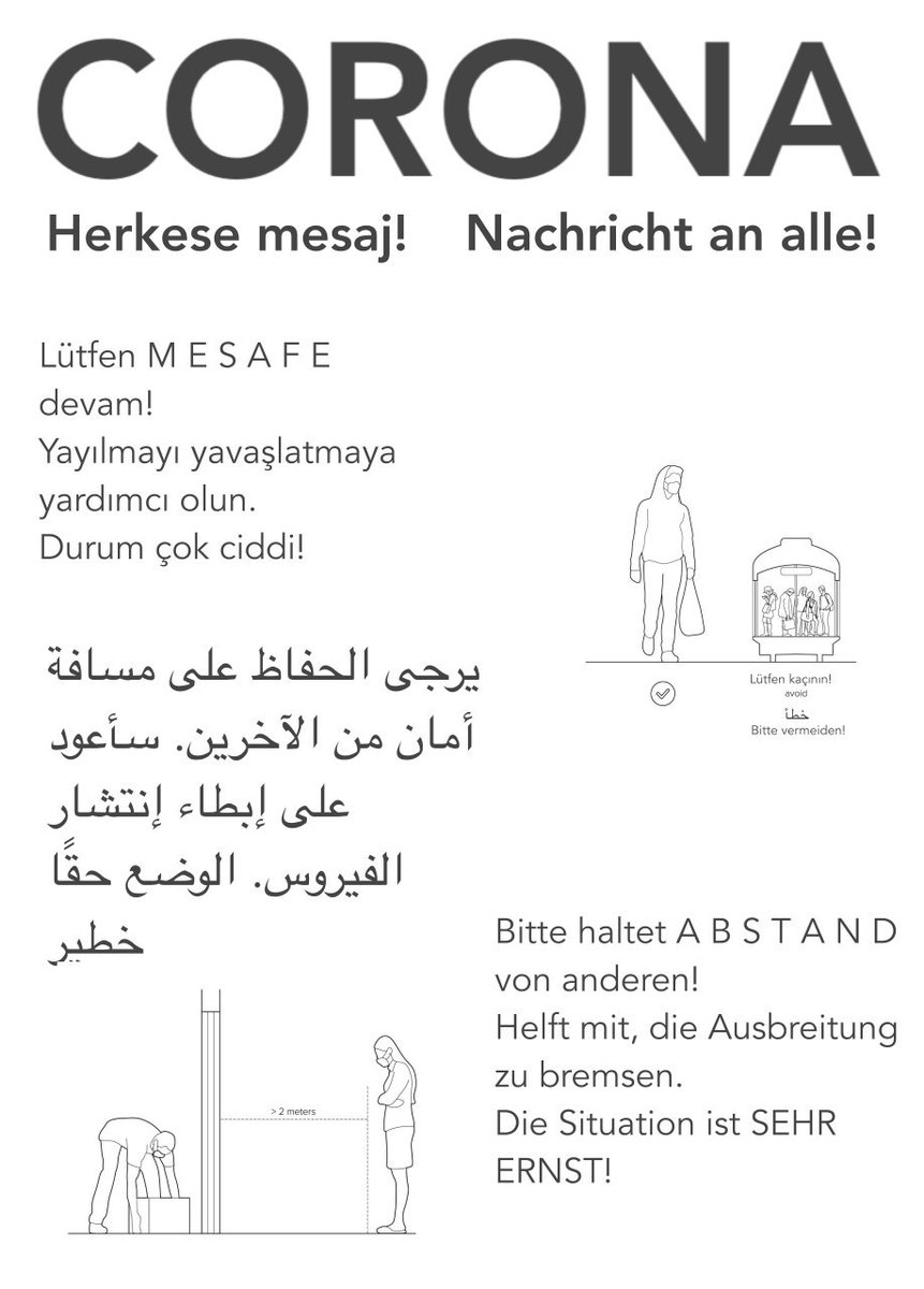 bizimkiez's tweet photo. In der Buchhandlung Oh21 in der Oranienstraße können diese mehrsprachigen Poster abgeholt werden. Bitte hängt sie bei Euch im Hausflur, im Kiez, im Supermarkt auf! #StopTheSpread #socialButDistanced #SolidarischGegenCorona https://t.co/hnkrZaQijN