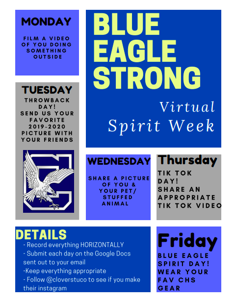 CHS_BlueEagles's tweet photo. Happy Saturday Blue Eagle Nation! 
WOW is an understatement on how impressive you've  been this past week with eLearning.
So next week StuCo is adding some fun, with a VIRTUAL SPIRIT WEEK! 
Follow the directions sent to your email on where to submit each day. #BlueEagleStrong https://t.co/A9ExrRxpdN