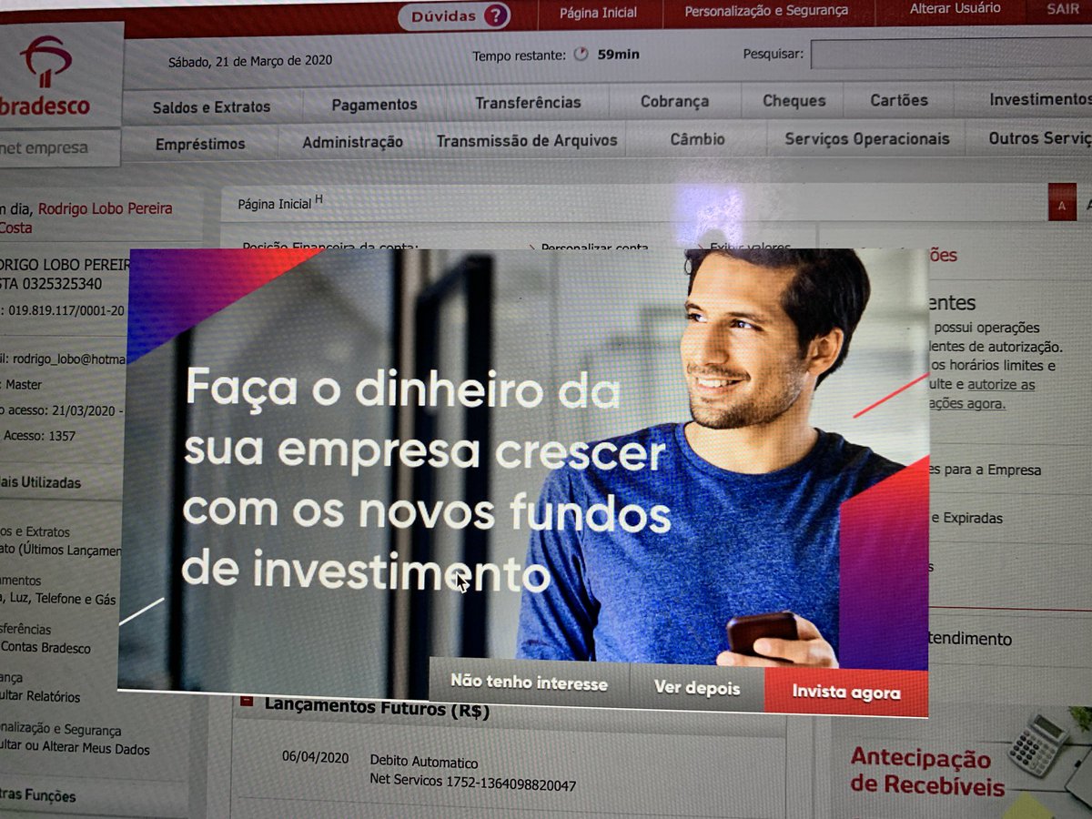 lobitcho's tweet photo. Essa msg q o @Bradesco mandou hj ao entrar na conta on-line. Na verdade eu queria saber o que @Bradesco e os bancos privados vão fazer pelas pequenas e médias empresas. Vão baixar os juros ? Créditos com juros baixos?  #covid19brasil #coronavirusnobrasil https://t.co/fEevcIbXej