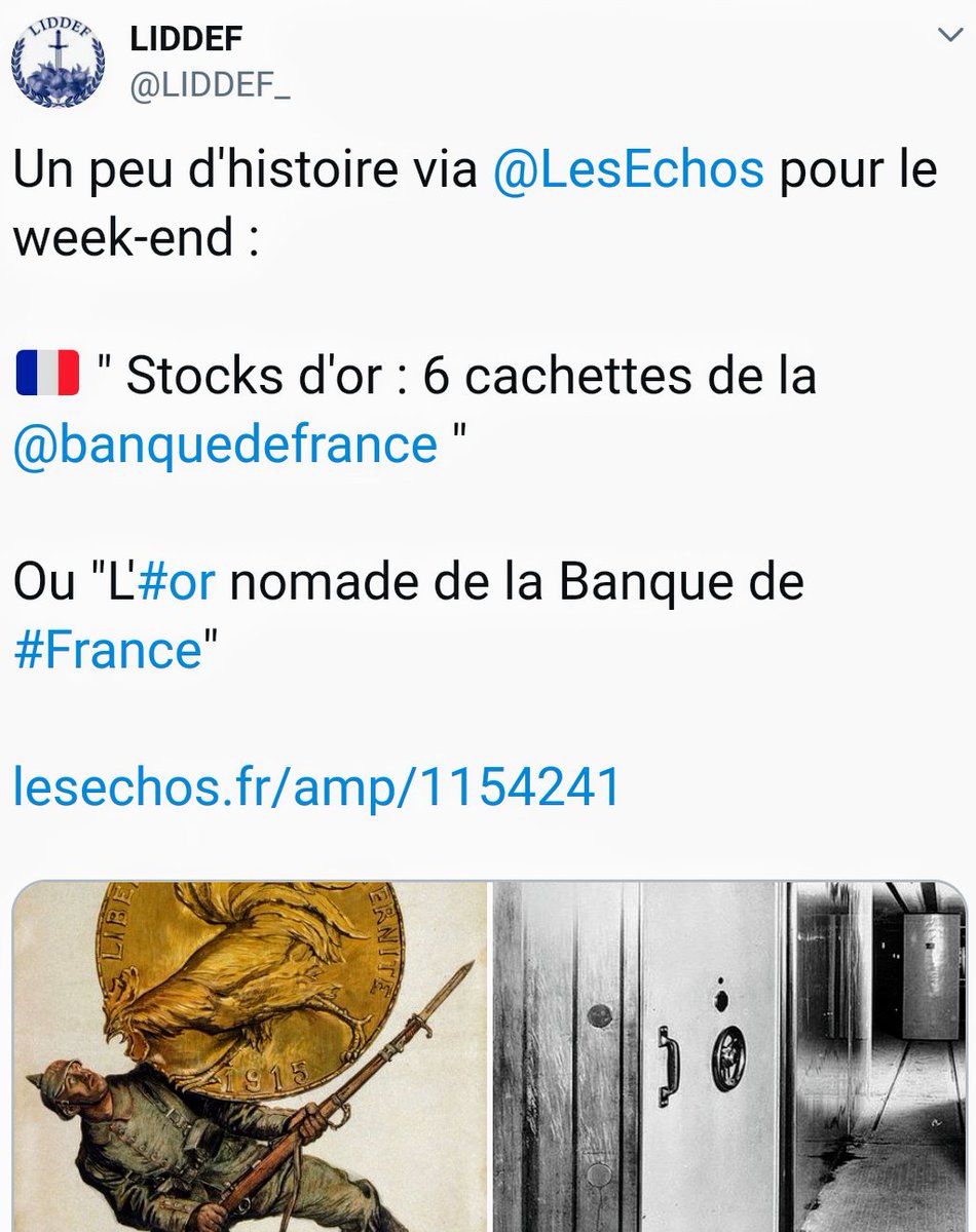 LIDDEF_'s tweet photo. Ce week-end de #confinement est propice à la lecture
@LIDDEF_ remet cet article de @LesEchos sur l'#Or à la @banquedefrance
La #Liddef ⚔️ en profite pour demander au gouverneur de la #Banque de #France 🇨🇵 François Villeroy de Galhau de prendre bien soin de ce patrimoine 🙏 https://t.co/DE2rM5OKJr
