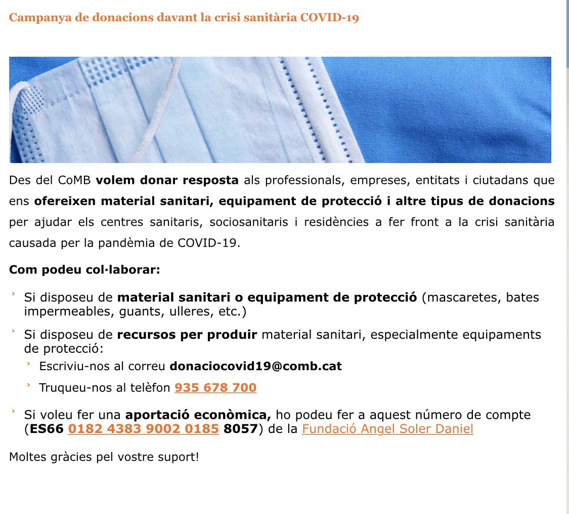 A tothom que pugui des de les  seves capacitats i possibilitats. Cal urgentment produir material de protecció: bates, mascaretes quirúrgiques i de FP2 i FP3, bates i Respiradors. Vehicularem aquestes donacions a tots els centres. comb.cat/cat/profession…