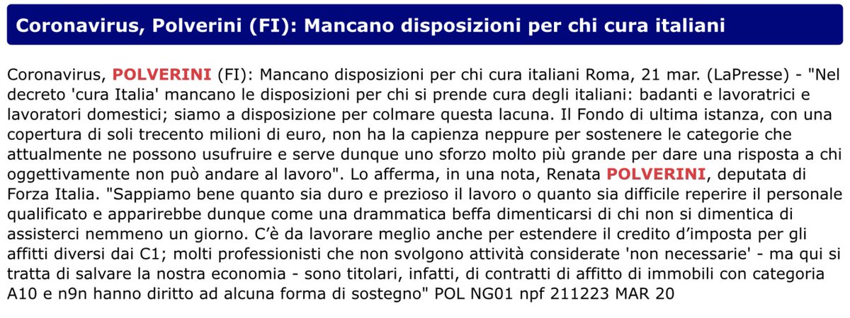 renatapolverini's tweet photo. Serve un sostegno economico immediato per tutte le lavoratrici ed i lavoratori domestici e per le badanti; chi si prende cura degli italiani oggi non ha risposte dal decreto #CuraItalia Anche per gli affitti dei professionisti si può fare di più: facciamolo assieme 🇮🇹 https://t.co/3T8rO8PzI9