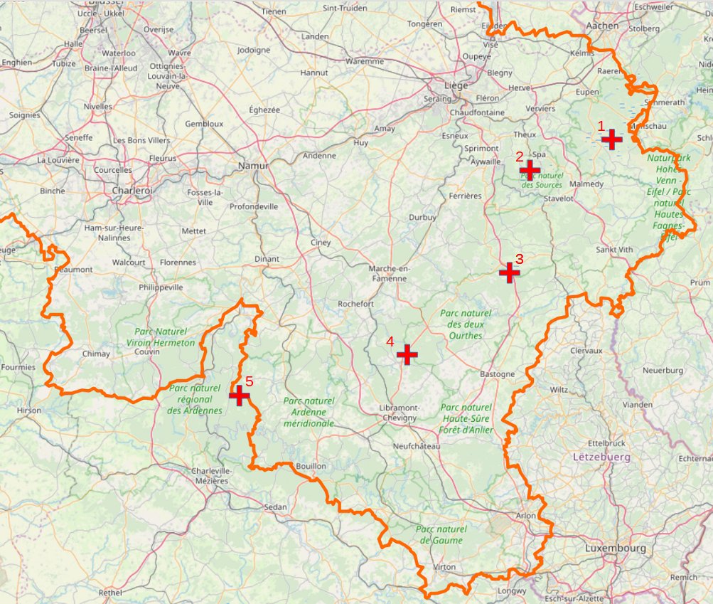 En Belgique, on a des tourbières à 5 endroits, dans l'est et le sud du pays : 1. Les Hautes-Fagnes, de loin les plus étendues du pays 2. La région de Spa 3. Le plateau des Tailles 4. Plateau de Saint-Hubert 5. Plateau de la Croix-Scaille (carte OpenStreetMap).