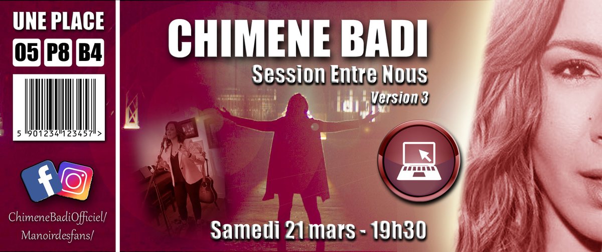 Chimene_Badi's tweet photo. 3e #SessionEntreNous de @chimeneofficiel ce soir à 19h30 ! On a notre billet #ConcertDeChimène à la maison ... https://t.co/do1RLAf21Q