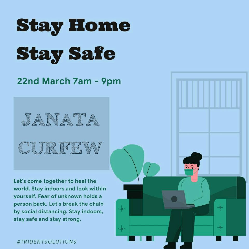 trident_soln's tweet photo. Let's come together to heal the world. Stay indoors and look within yourself. Fear of unknown holds a person back. Let's break the chain by social distancing. Stay indoors, stay safe and stay strong.

#JantaCurfewMarch22  #IndiaFightsCorona  #Covid_19  #StayHomeStaySafe https://t.co/xiR5WW0pxP