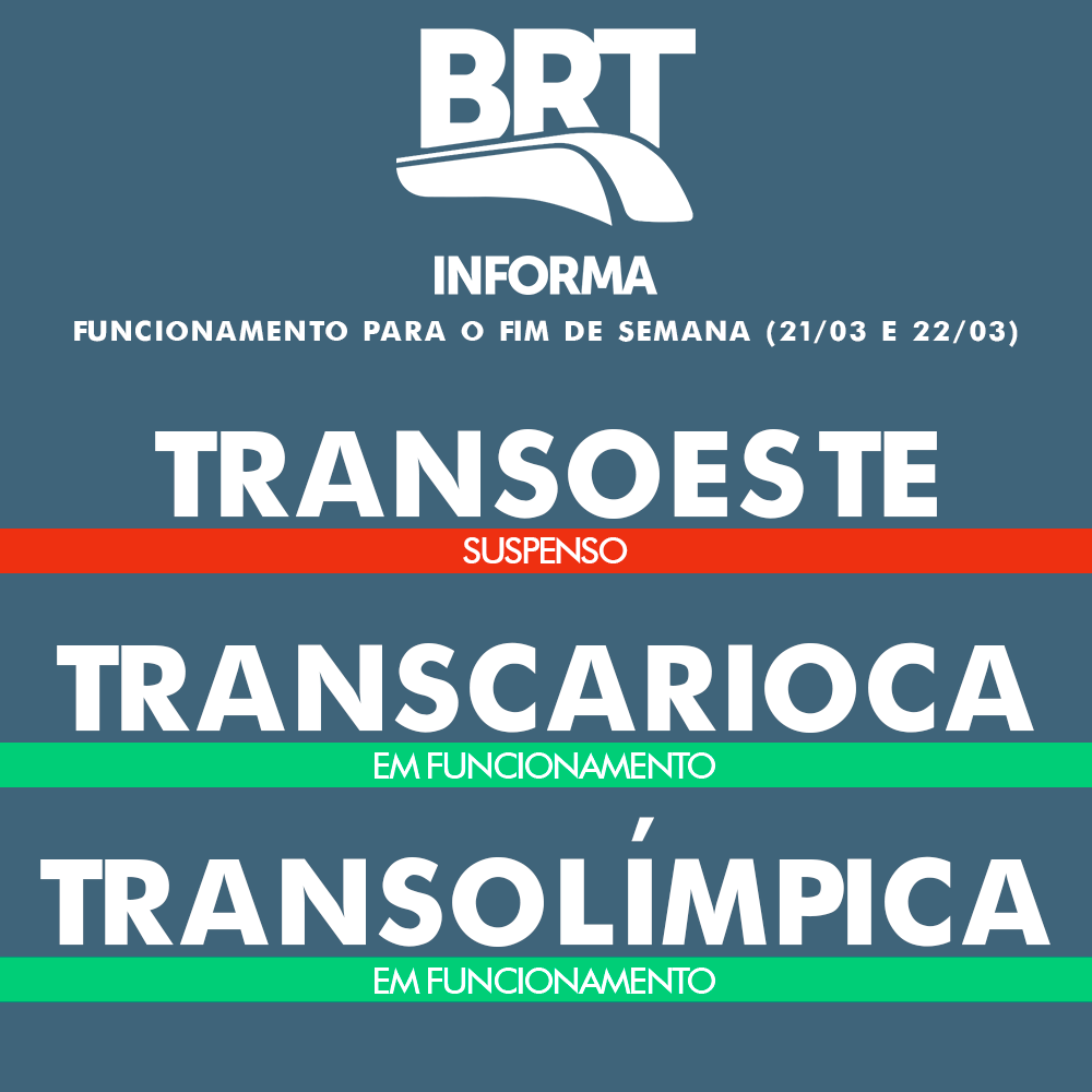 Por determinação da Prefeitura do Rio, a operação do BRT Rio está interrompida no corredor Transoeste neste fim de semana. A circulação foi suspensa a partir de 0h de sábado e será reiniciada na próxima segunda-feira, dia 23, às 4h.