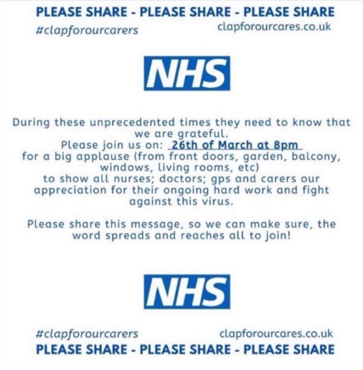 All On The Board (@allontheboard) on Twitter photo On the 26th of March at 8pm let’s all unite and give all of the nurses, doctors, gps and carers a massive round of applause to show our appreciation for their hard work in this difficult time. <a href="/allontheboard/">All On The Board</a>
#clapforourcarers #NHS #CoronaCrisis #NHSCovidHeroes #NHSThankYou On the 26th of March at 8pm let’s all unite and give all of the nurses, doctors, gps and carers a massive round of applause to show our appreciation for their hard work in this difficult time. <a href="/allontheboard/">All On The Board</a>
#clapforourcarers #NHS #CoronaCrisis #NHSCovidHeroes #NHSThankYou