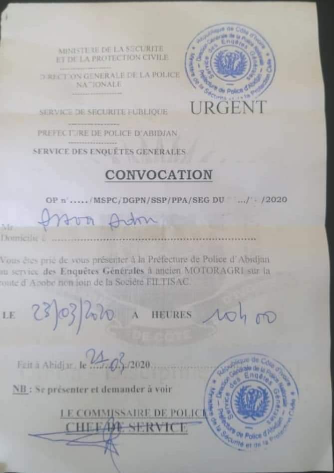 WowoZouzou's tweet photo. #Politique #Ivoirienne
Le ministre #Assoa #Adou convoqué à la préfecture de police ce Lundi 23 Mars 2020 à partir de 10h.
Le motif ne figure pas sur cette convocation.
#Social #CIV #StopCoronavirus https://t.co/NmI1Qb0MhE