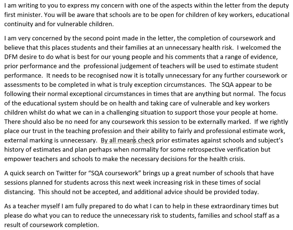 andrewkbailey13's tweet photo. So concerned am I about the unnecessary health risk of continued SQA assessments places on society that I am writing to my MSP and MP about it.  If you are concerned too please do the same or at least tweet your concerns to change this.  

#Covid_19 @JohnSwinney @SSTAtradeunion https://t.co/QOjQccuntO