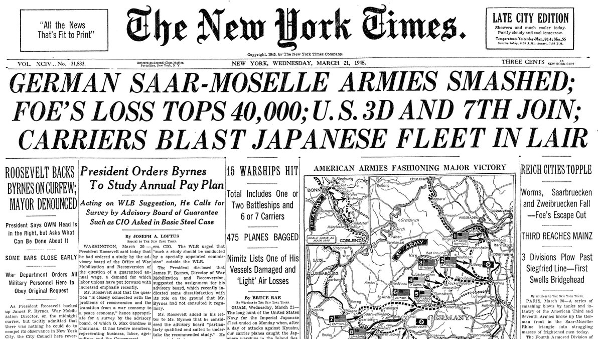 March 21, 1945: German Saar-Moselle Armies Smashed; Foe's Loss Tops 40,000; U.S. 3D and 7th Join; Carriers Blast Japanese Fleet in Lair  https://nyti.ms/2QwvvTq 