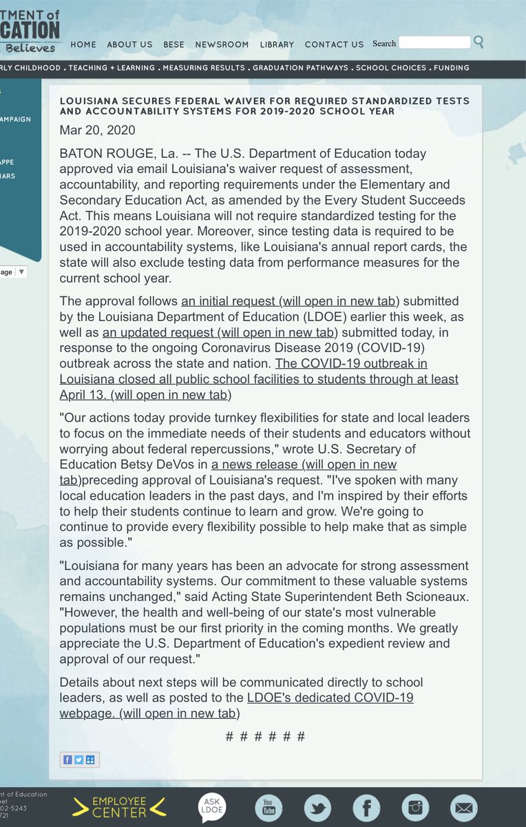 On Thursday, March 19, Governor Edwards wrote Proclamation # JBE 2020-32, asking for a federal waiver from state standardized testing ad accountability.  The federal government APPROVED this waver for the 19-20 school year. 
The proclamation in it's entirety is on our homepage.