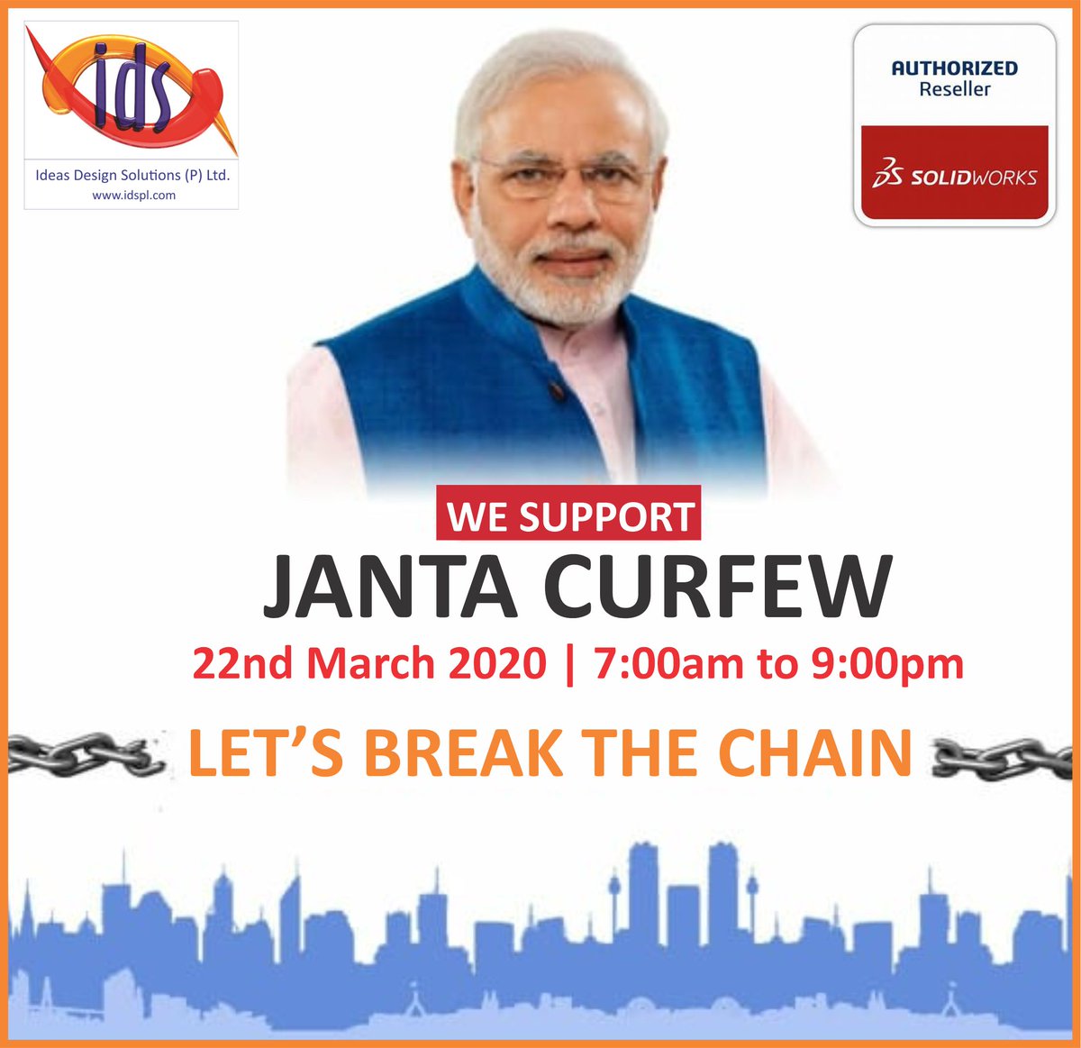 idspl's tweet photo. We Support Janta Curfew Let's Break The Chain.
ON 22nd March 2020 from 7:00am to 9:00pm
#IDSPL #SOLIDWORKS #DASSAULTSYSTEMES #SWX2020
#COVID19 #JANTACURFEW #AWARENESS #PMMODIJI #22MARCH2020 #7AMTO9PM https://t.co/qvk7daMVRv