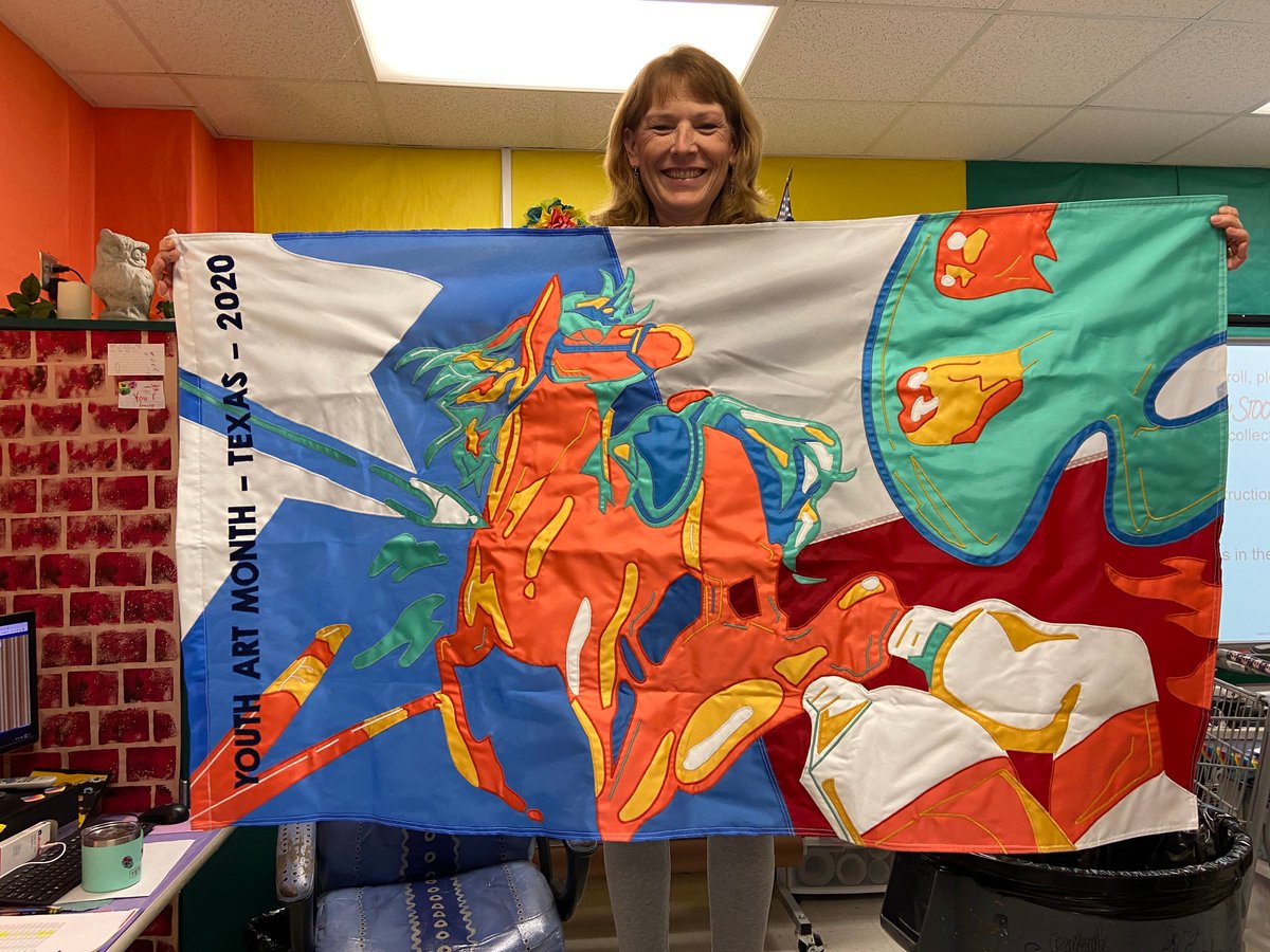 TexasYam's tweet photo. So sad we didn't get to share this in person this year, but WOW, isn't it gorgeous? Thank you Heller Flag Co for doing a fabulous job with this beautiful design! @TexasYam @TXarted #txYAM20 @Youthartmonth @ClearCreekISD https://t.co/WfjbsgmGGV
