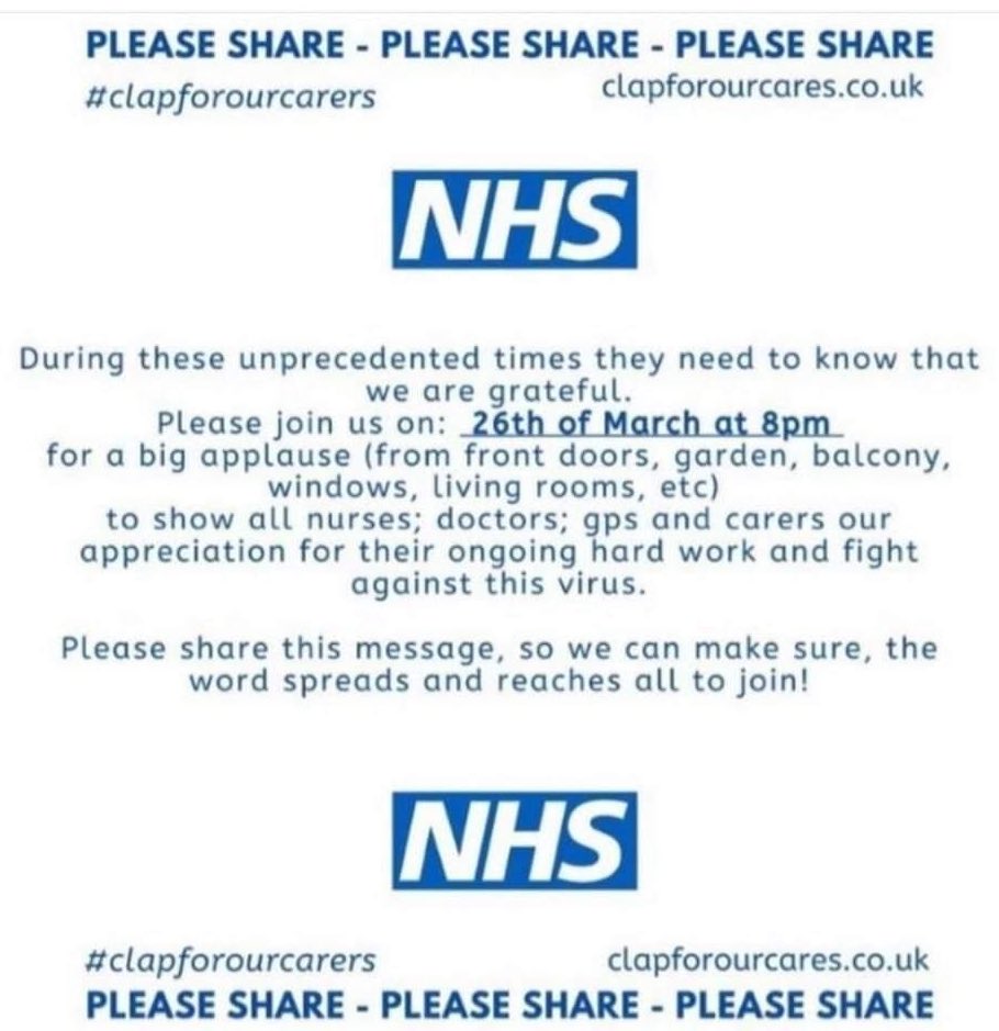 We owe so much to all in our public services putting theirselves at risk to protect us during this pandemic. I’m backing this initiative taking place on Thursday 26th March to show our appreciation to those in our #NHS. Pls RT &amp; share to add your support too #clapforourcarers👇