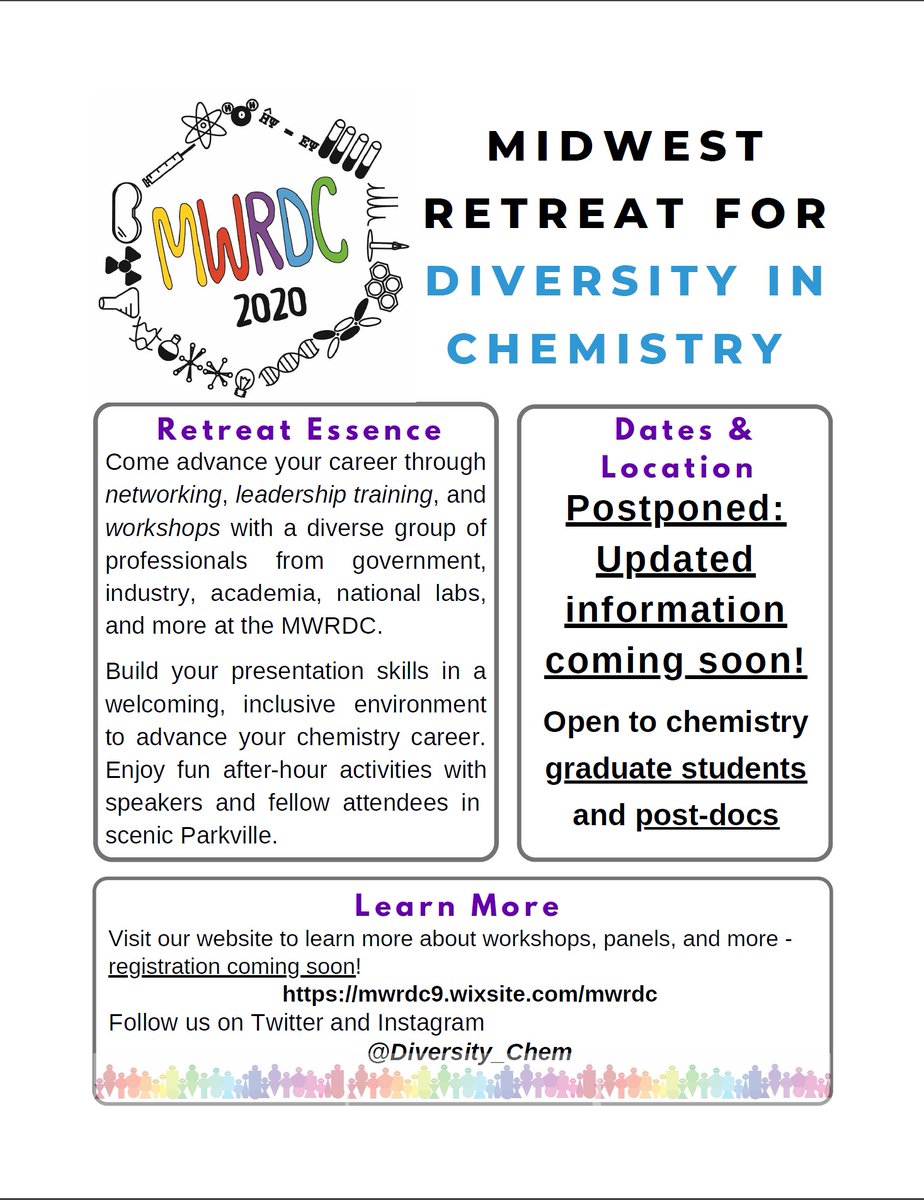 Diversity_Chem's tweet photo. In these uncertain times, we want to do our part to inhibit the spread of COVID-19. Therefore the #MWRDC is postponed. We are looking at later dates and we will let you know what is decided as soon as we can. https://t.co/lT7k52TcmK