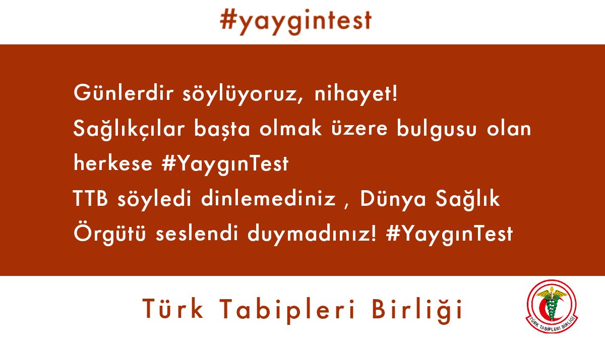 #YayginTest Günlerdir söylüyoruz. Önlemleri almakta geç kalıyorsunuz. Bilim kurulunuzda TTB temsilcisi olmalı.Hızlı testler ile sağlık emekçilerimiz başta olmak üzere, halkımızı tarayalım. Kişisel koruyucu sağlık ekipmanları eksikliğimizi giderelim. Eyyy Sağlık Bakanlığı!
