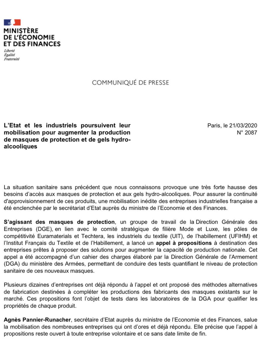 AgnesRunacher's tweet photo. #Covid_19 | L’Etat et les industriels poursuivent leur mobilisation pour augmenter la production de masques de protection et de gel hydro-alcoolique. Je tiens à saluer la grande mobilisation des entreprises et le travail des agents de l’Etat, notamment de @DGEntreprises ⤵️ https://t.co/HVLgJTyHDX