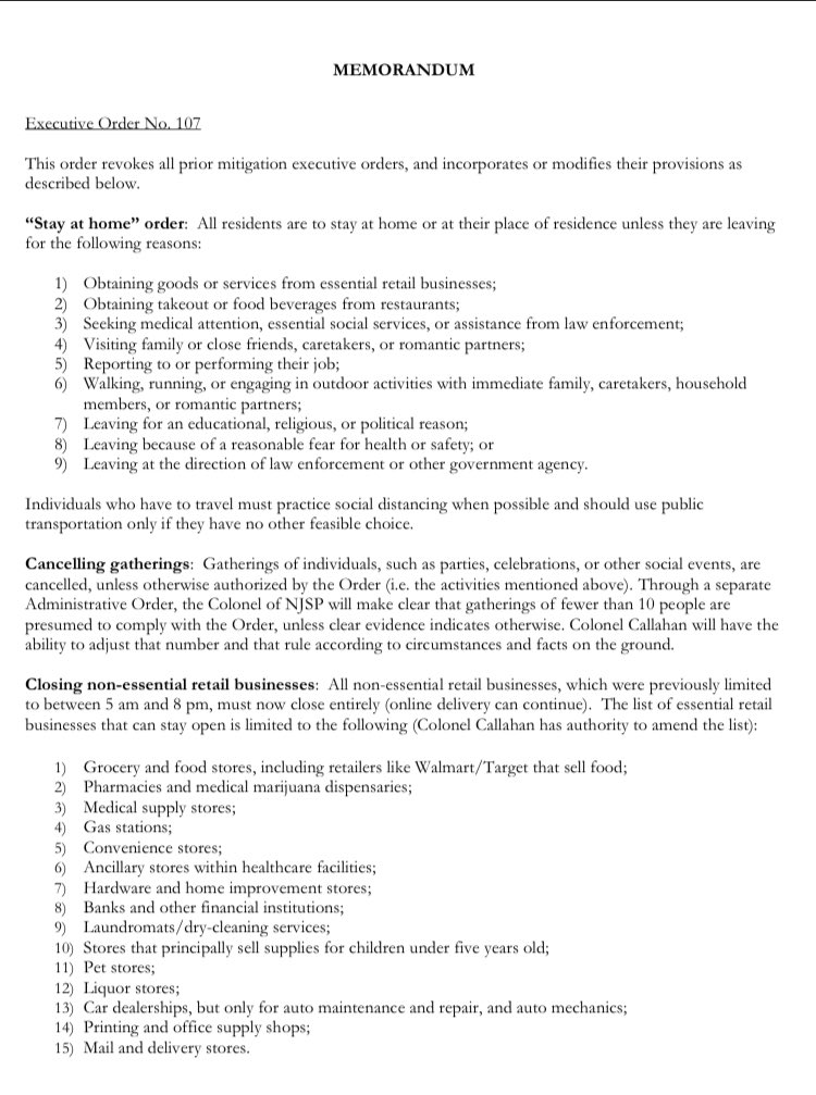 KearnyPolice's tweet photo. Kearnians, here’s a summary memo of @GovMurphy’s most recent Executive Orders (107 &amp; 108) for your quick-reference. https://t.co/J97tt9GP02