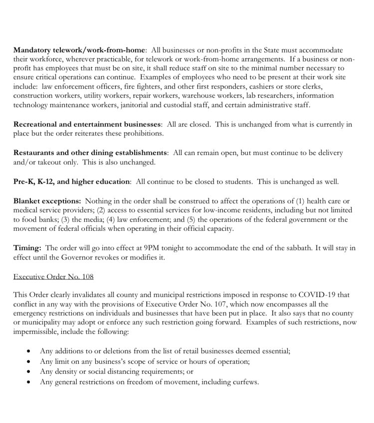 KearnyPolice's tweet photo. Kearnians, here’s a summary memo of @GovMurphy’s most recent Executive Orders (107 &amp; 108) for your quick-reference. https://t.co/J97tt9GP02