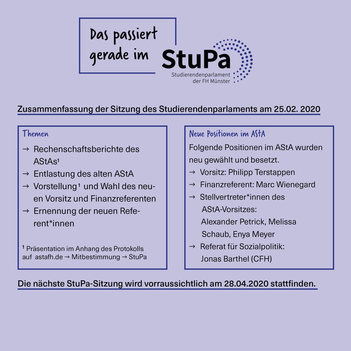 Hier die Zusammenfassung der letzten StuPa-Sitzung. Die nächste StuPa-Sitzung war eigentlich am 26.03.2020 geplant. Aufgrund der Corona-Pandemie wird die nächste Sitzung am 28.04.2020 stattfinden. Alle Punkte der Tagesordnung werden auf diese Sitzung vertagt.