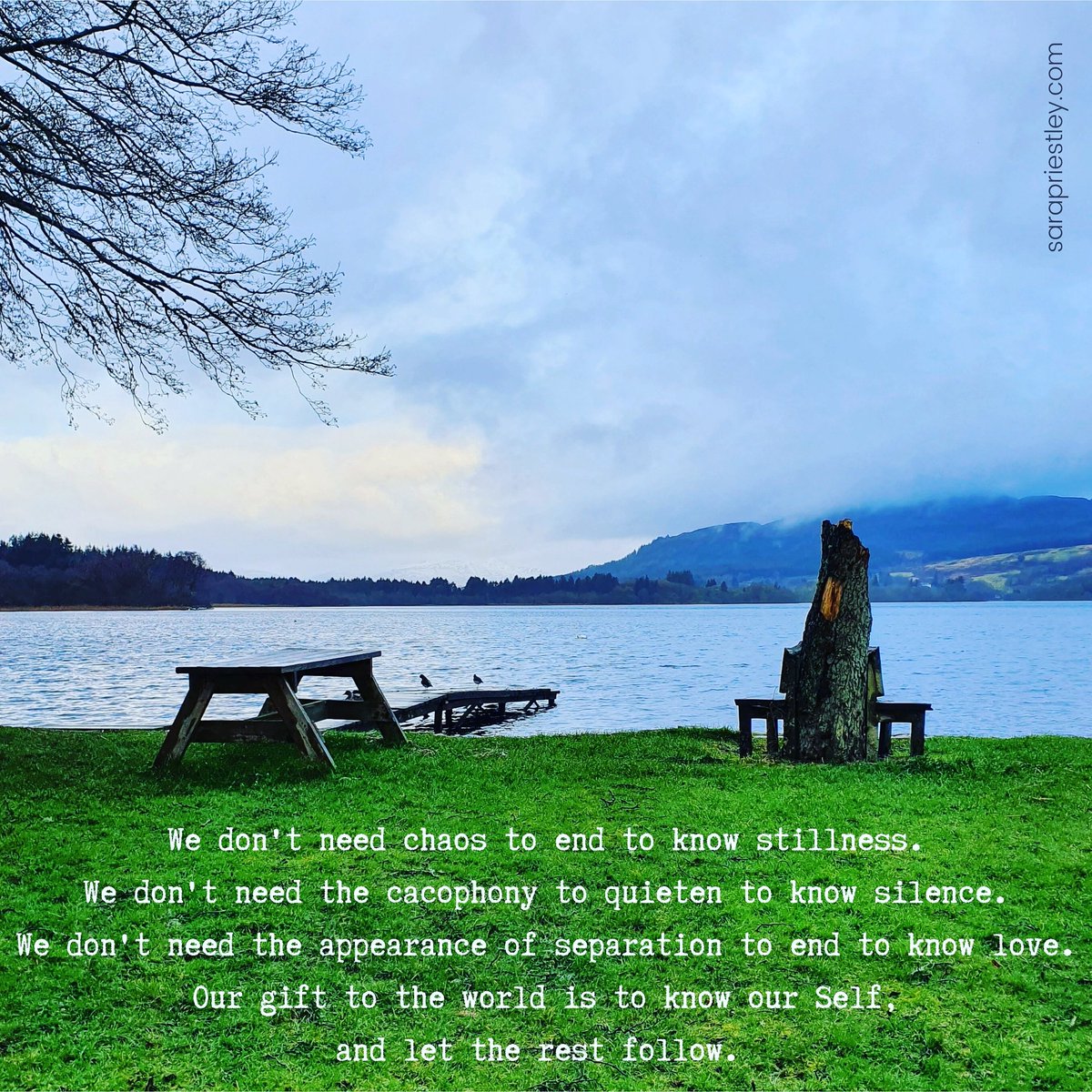 We don't need chaos to end to know stillness.
We don't need the cacophony to quieten to know silence.
We don't need the appearance of separation to end to know love.
Our gift to the world is to know our Self,
and let the rest follow.