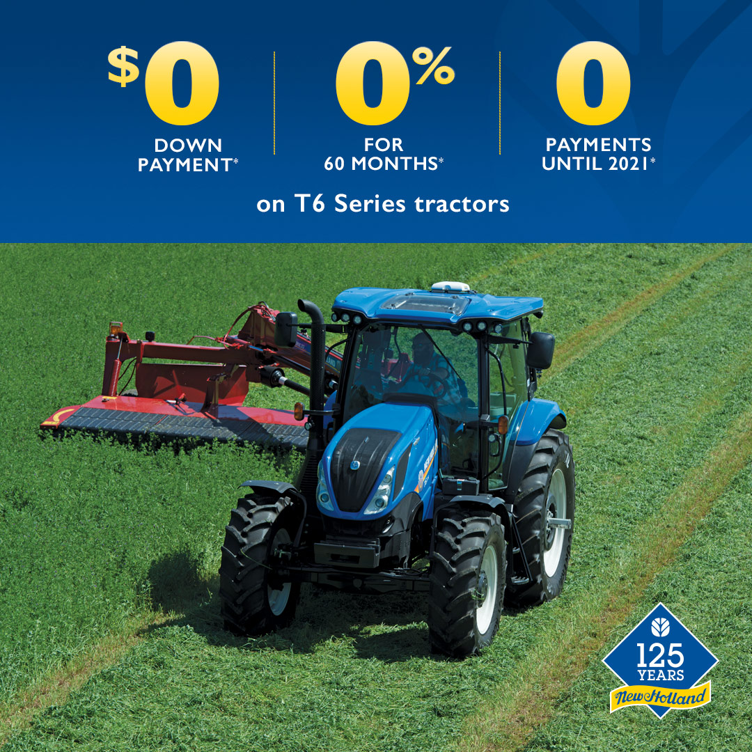 NHAgriculture's tweet image. During difficult times, it is our responsibility to do our part. For a limited time we will be offering $0 down payment*, 0% financing* &amp;amp; no payment until 2021* on eligible haytools, mid-range tractors &amp;amp; T6 Series tractors. Click here for details: bit.ly/NH0until21