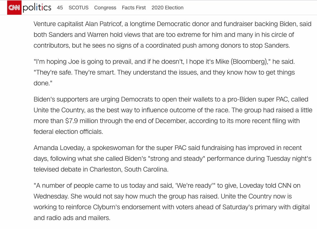 Important note for anyone suggesting Unite The Country never funded anti-Sanders attack ads for television. In end, Super PAC didn't need such ads. Biden won South Carolina handily and then establishment coalesced around him. But donors were prepared.  https://www.cnn.com/2020/02/28/politics/democratic-donors-sanders-2020-nomination/index.html