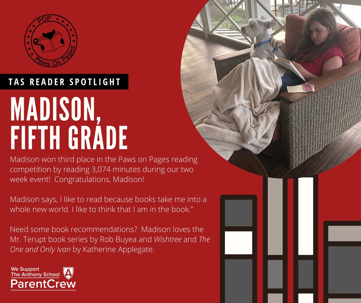 AnthonySchool's tweet photo. Congratulations to TAS ParentCrew's POP Read-a-Thon 3rd place winner: Madison! Madison read over 3,000 minutes during the Read-a-Thon and has some book recommendations for her TAS friends. #TASParentCrew #PawsonPages https://t.co/RC6eIETSmW