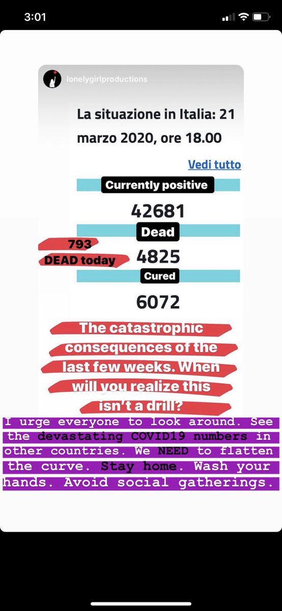 From a friend in Italy right now. Let’s not get to these numbers. Precautions were taken too late. Let’s act NOW. We need to flatten the curve. Please STAY HOME!!