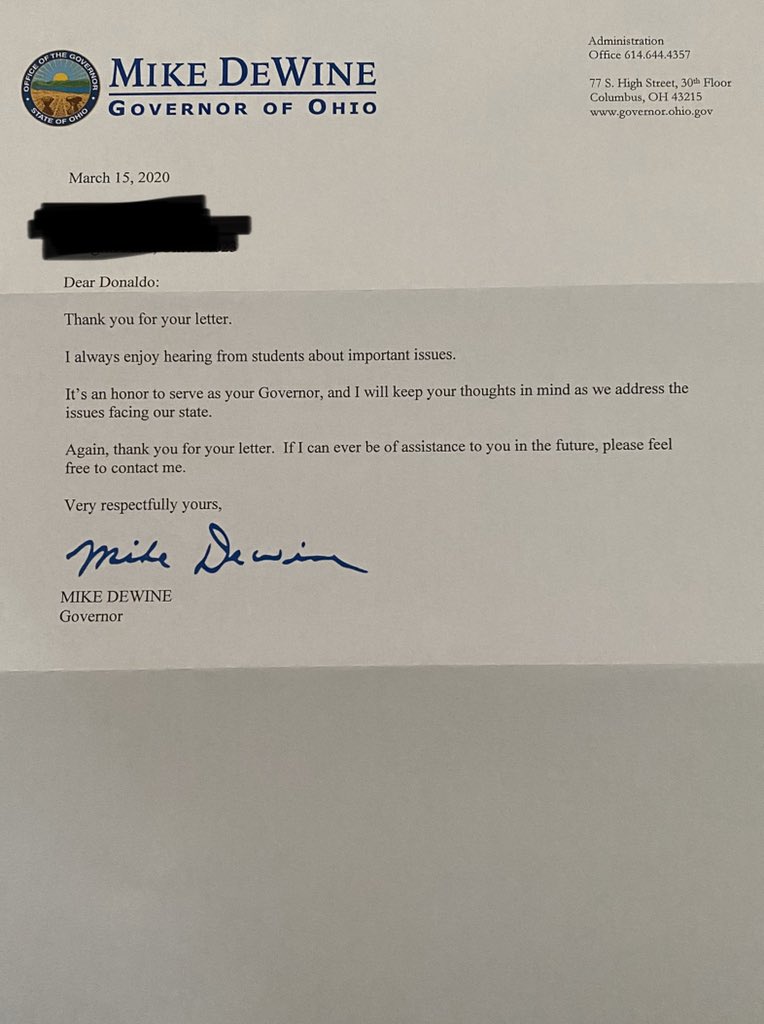 ValadezDonaldo's tweet photo. @GovMikeDeWine Just received your letter! Thank you for taking time out of your day in the middle of this crisis to write back. #MyGovernor #MikeDeWine https://t.co/xCJdLWtL7U