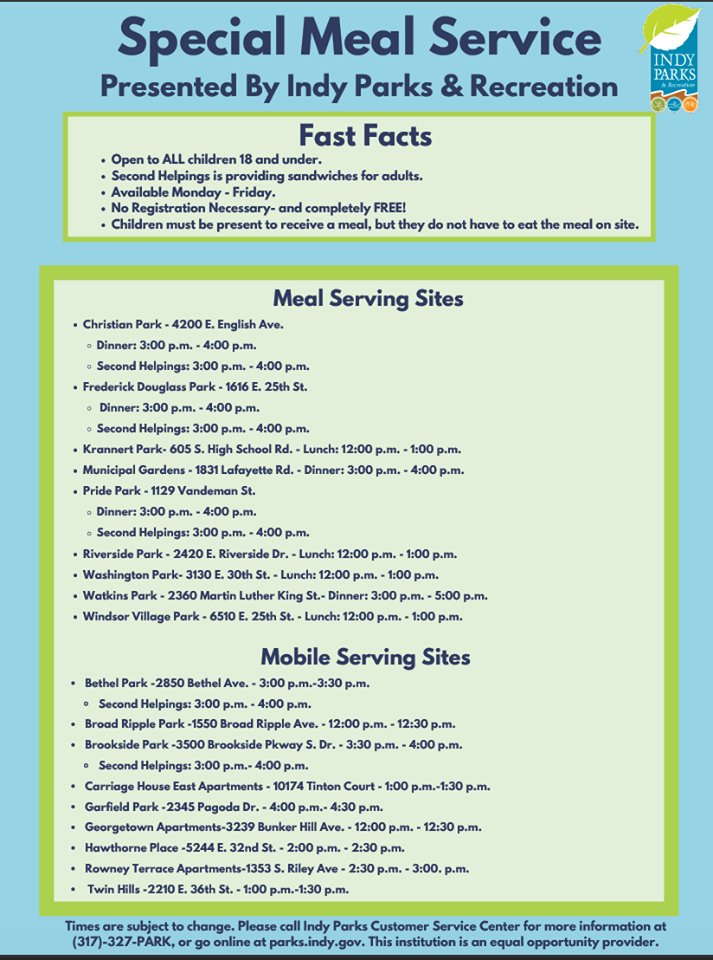 CovidIndy's tweet photo. #IndyParksandRec is serving #freemeals for children! #SecondHelpings is providing sandwiches for adults. Share to help people find the support they need during #Covid_19 https://t.co/1RIlT57GMi