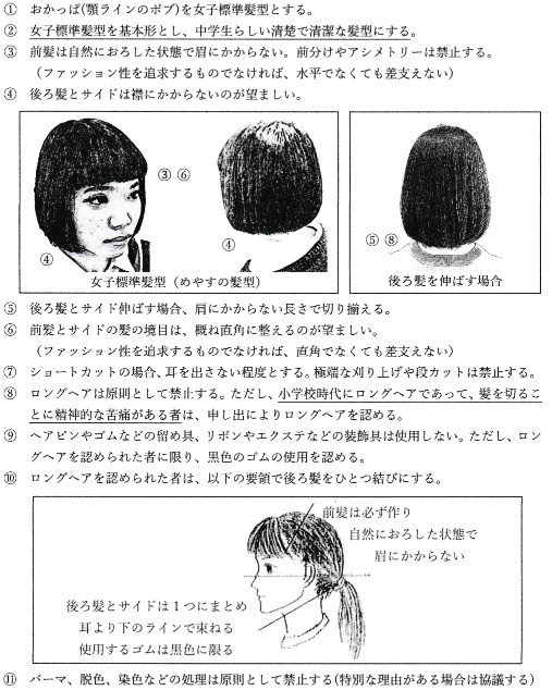 Modify So 髪型に関して言えば 元は昭和に作り上げられた中学生らしさの偶像ですが 時代と共に変 な方向に進化をして 昭和より厳しくなってるかも知れません 特に見本の4つ目は 意味不明の最高傑作 で 親からいただいた髪を大切に と謳いながら