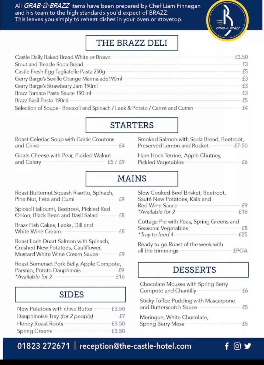 Although we've had to temporarily stop you dining in Brazz, you can still enjoy Brazz at home.
Available from Monday 23rd March for collection or delivery. 
Call 01823 272671
#positivetaunton #castlehotel