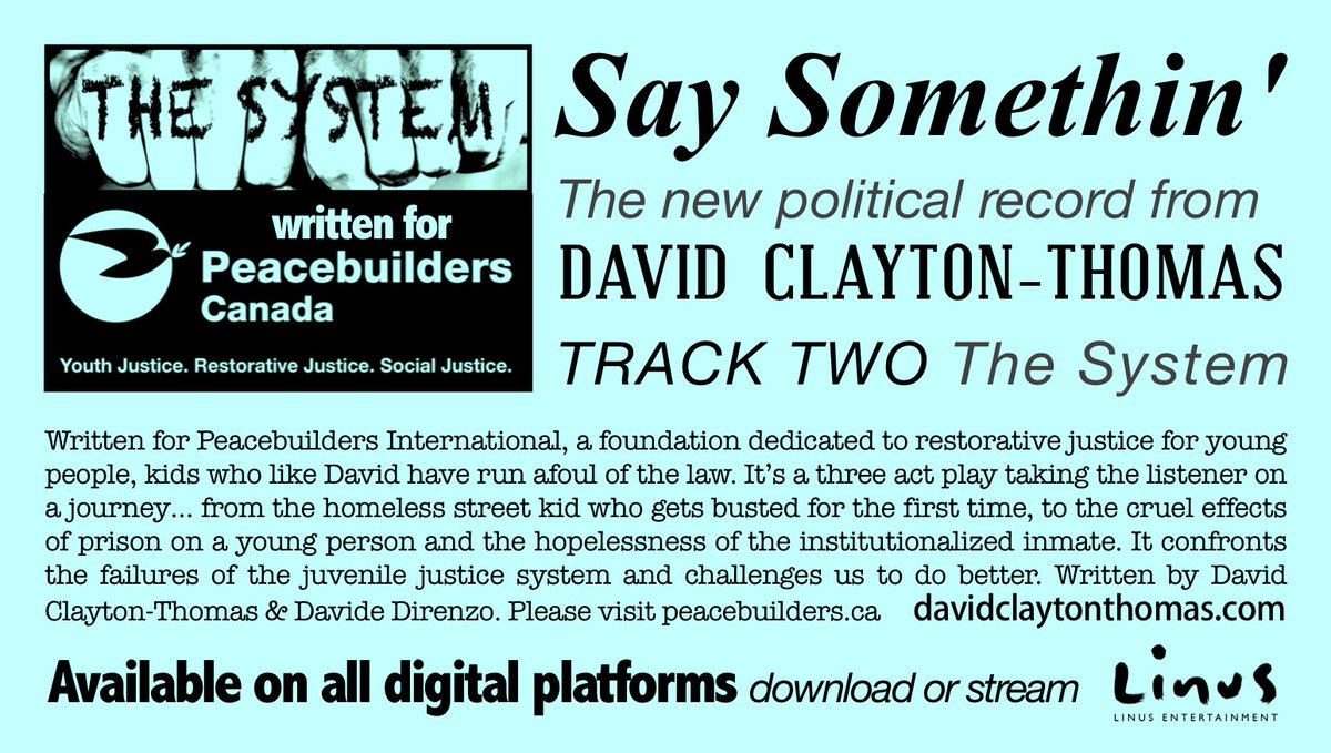 Track Two from my new album #SaySomethinDCT is #TheSystem - which was written for <a href="/EvaMarszewski/">Eva Marszewski</a> and 
<a href="/PeacebuildersCA/">Peacebuilders Canada</a> who help youth succeed with #restorativejustice LISTEN TO THE SYSTEM NOW: song.link/ca/i/1487678388