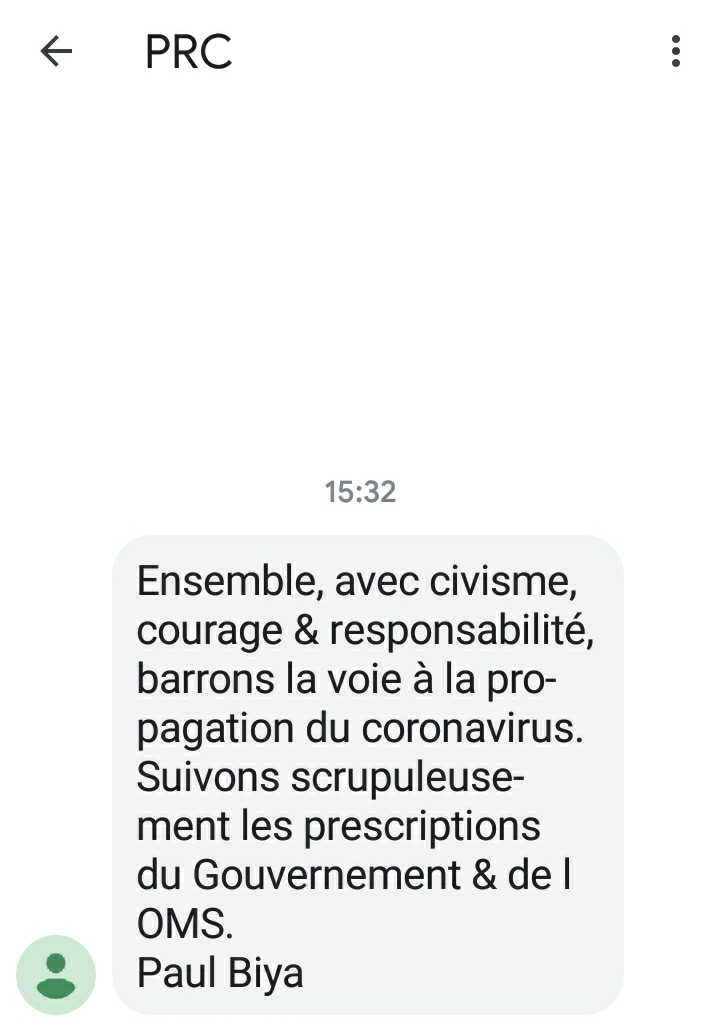 CRTVweb (@crtv_web) on Twitter photo #Coronavirus
Le président de la République, <a href="/PR_Paul_BIYA/">President Paul BIYA</a> envoie des sms aux citoyens camerounais pour les inviter à s'impliquer dans la lutte contre le #Covid_19 #Coronavirus
Le président de la République, <a href="/PR_Paul_BIYA/">President Paul BIYA</a> envoie des sms aux citoyens camerounais pour les inviter à s'impliquer dans la lutte contre le #Covid_19